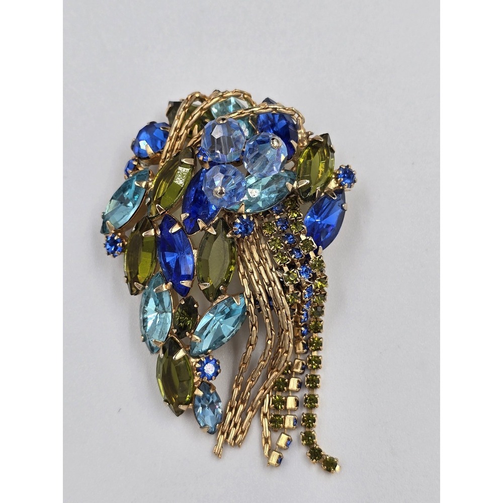 Vintage Mid-Century Blue‎ & Olive Green Rhinestone Cascade Brooch Pin 3" - Picture 2 of 12